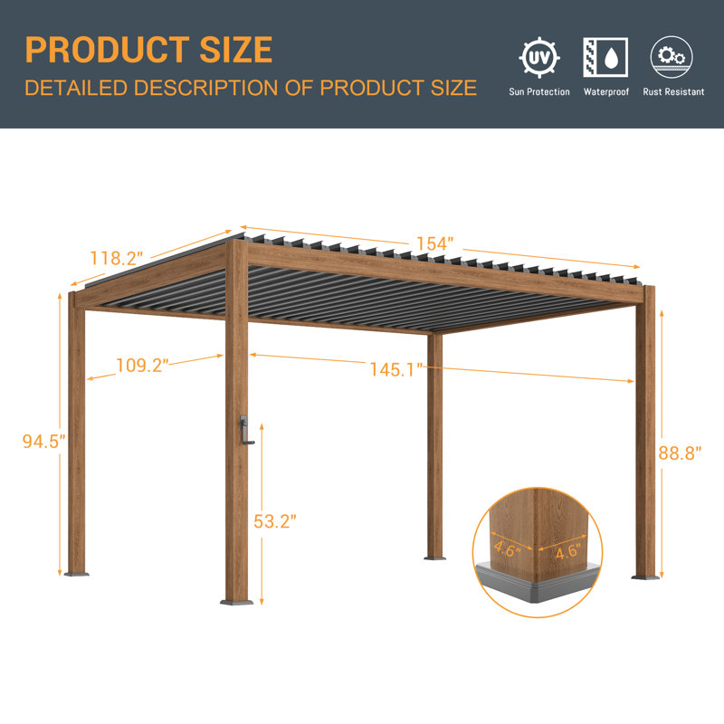 Aluminum Pergola with Louvered Canopy, 10 Ft. x 13 Ft.	, Wood Texture