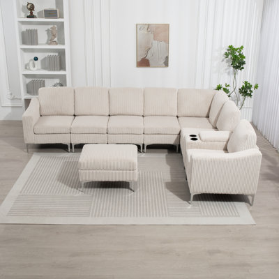 Convertible Sectional Corduroy  Sofa With Storage Ottoman,Cupholders, USB Ports For Living Room Apartment
