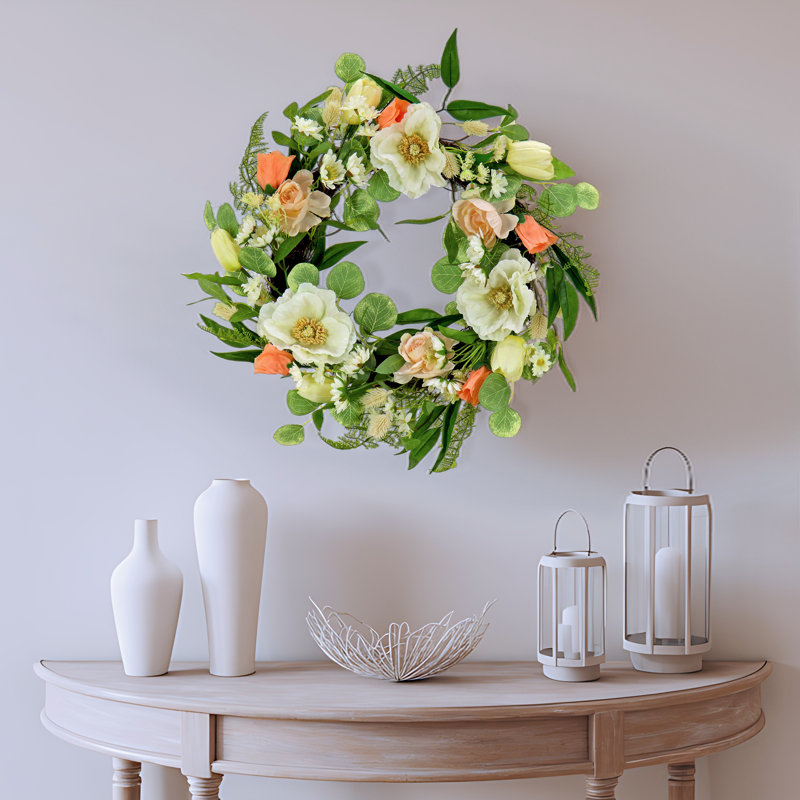 Couronne artificielle de 22 pouces avec tulipes, coquelicots et boutons d'or, décoration florale réaliste pour la porte d'entrée ou la décoration intérieure