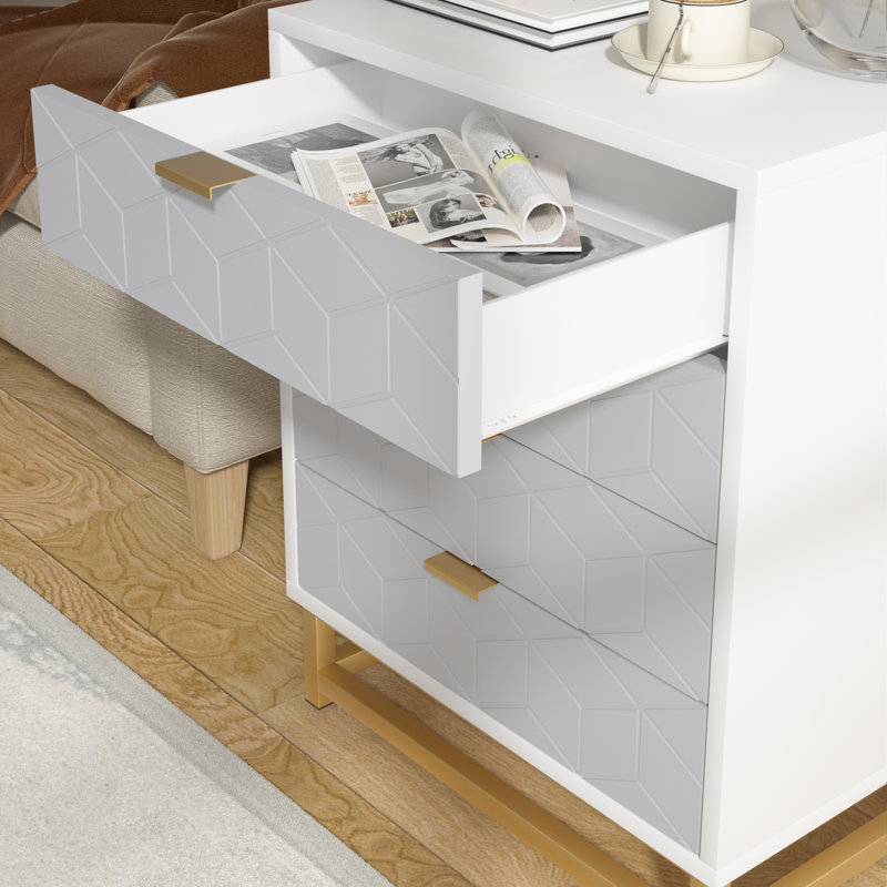 Table de chevet 4 tiroirs Kyell, Blanc / gris