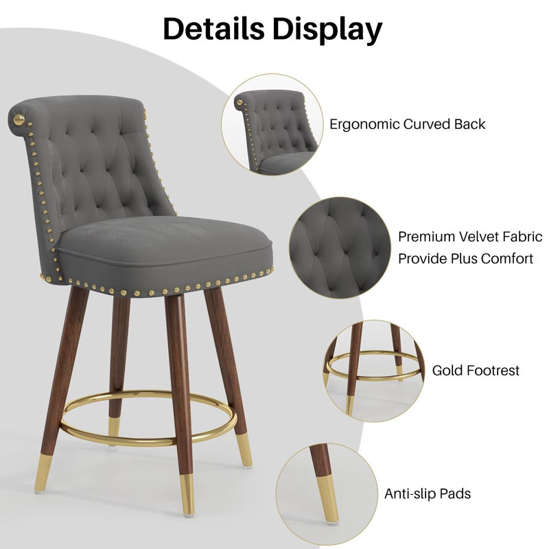 Gray Velvet Upholstered Swivel Counter Stools with Wood Legs, Set of 2