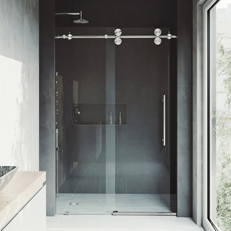 Elan 68-72" W x 74" H Sliding Frameless Shower Door with 3/8" Clear Glass, Stainless Steel