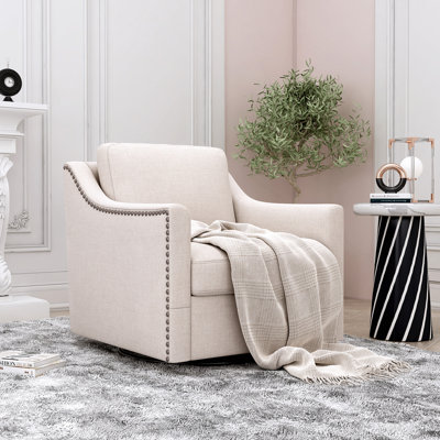 Fauteuil pivotant à 360 degrés en lin de coton Tissu respectueux de la peau Design ergonomique Fauteuil à clous décoratif en laiton Chaises de salon Chaises de chambre à coucher Chaises de salon Pieds noirs convenant aux intérieurs