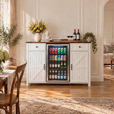 Bar à café de ferme avec mini-réfrigérateur et station de charge intégrée, grande armoire de bar avec tiroirs et armoires de rangement pour la cuisine, la salle à manger et le salon