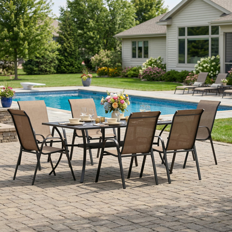 6-Person Outdoor Rectangular Patio Dining Set With Stackable Textilene Chairs, Brown