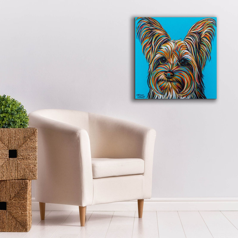 «Yorkie On Blue» par Carolee Vitaletti, art mural sur toile, H 26 po x l 26 po x P 1,5 po