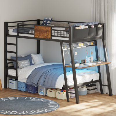Twin Size Bed With Desk, Twin Metal Bunk Beds With Power Outlets, Rgb Led Lights, 2 Larger Storage Drawers, Bed With 13.4"h Safety Guardrail & Ladders by Mason & Marbles
