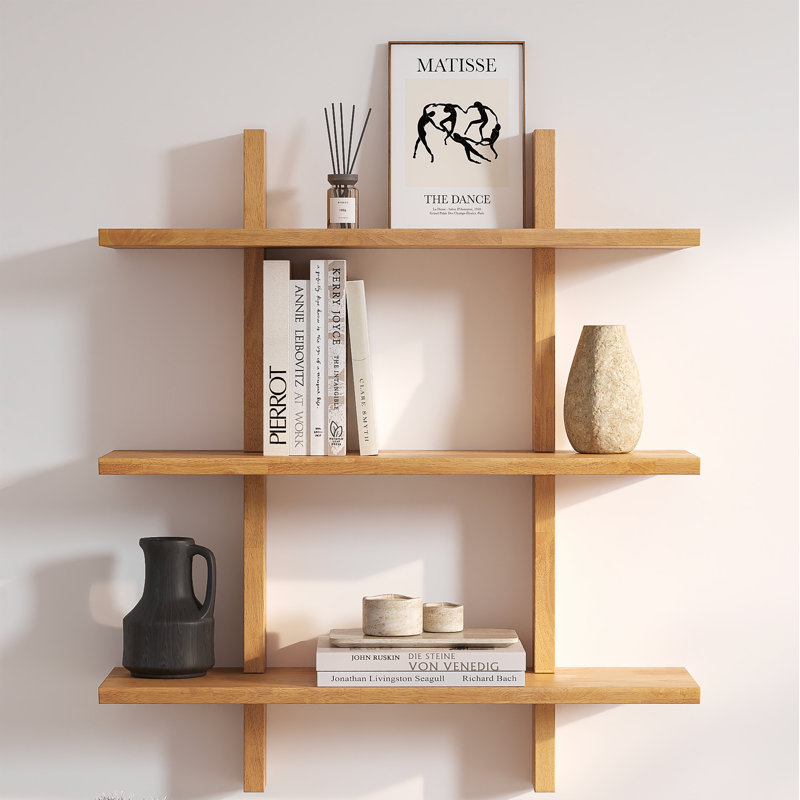 Shouji 3-Tiered Solid Wood Floating Shelves with Reversible Bevel Edge, Hidden Hardwares, 15-min Quick Assembly, Light Oak