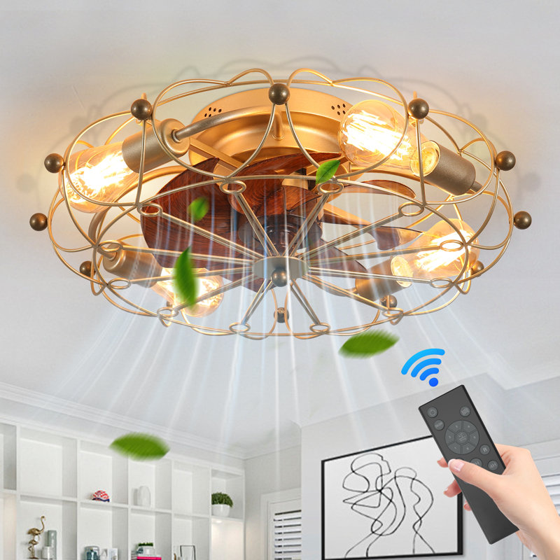 20" Low Profile Caged Flush Mount Ceiling Fan With Light And Remote Control, 6-Speed Reversible, Gold