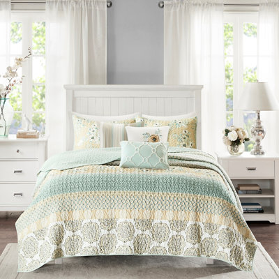 Courtepointe réversible 6 pièces, double / grand, floral et géométrique, mode chambre double / grand avec coussins décoratifs, coton et imprimé géométrique, style tentant