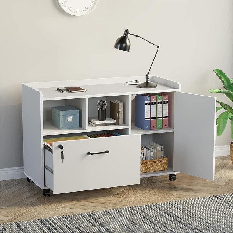 Mobile Lateral Filing Cabinet with Charging Station and Locking Drawer, Printer Stand with Open Storage Shelf with Wheels, for Letter/A4/Legal Size Files, White