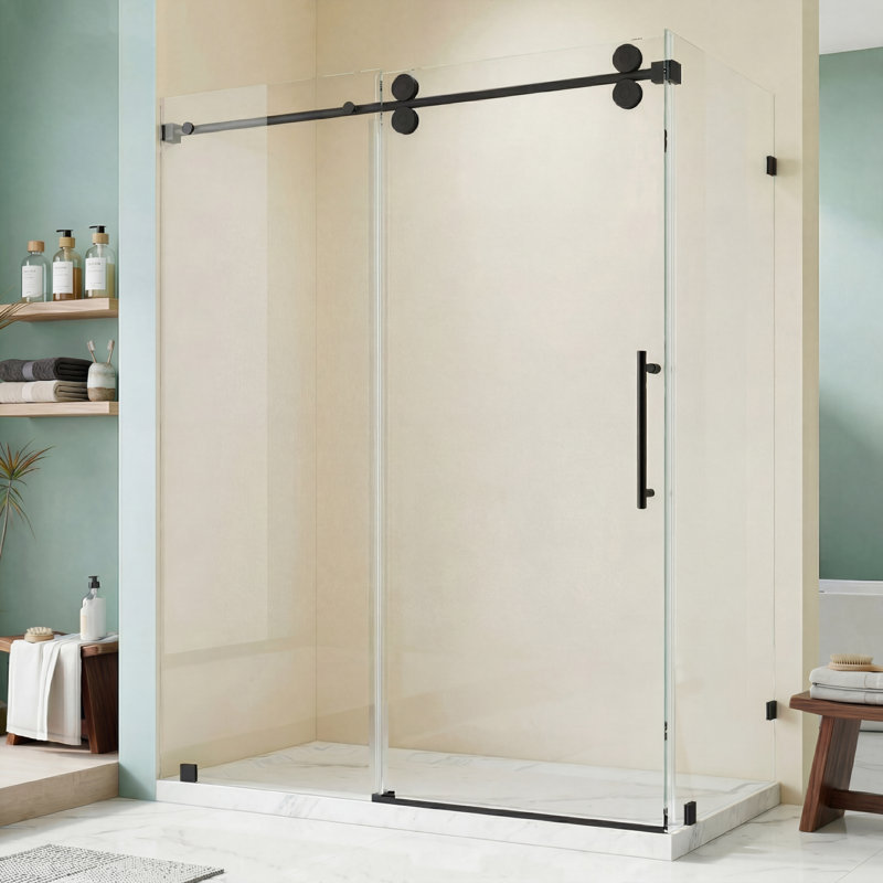 48" W X 33" D X 76" H Sliding Frameless Shower Enclosure With 3/8 Inch Tempered Glass, Matte Black, 33"