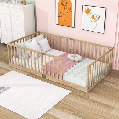 Wooden Twin Floor Bed with Protective Fence Rails