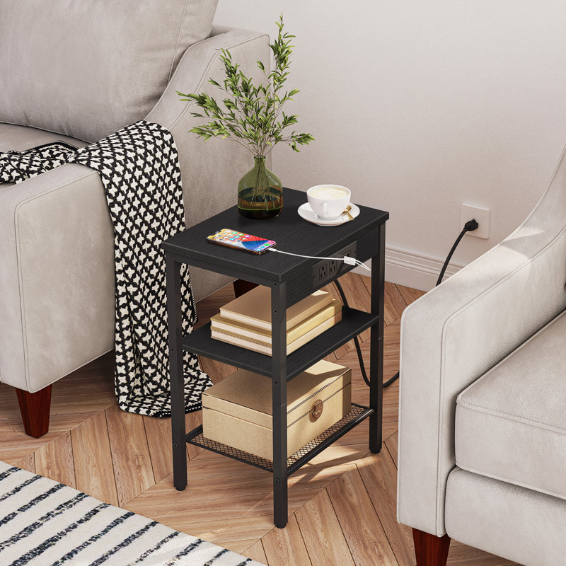 Romar 21.7'' Tall End Table with Built-In Outlets, Black/Black