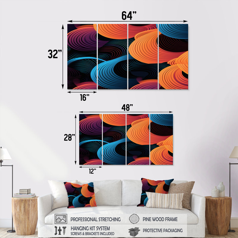 Vagues abstraites mauve bleu rétro - art mural abstrait de vagues modernes pour le salon, 4 pièces, H 32 po x l 64 po