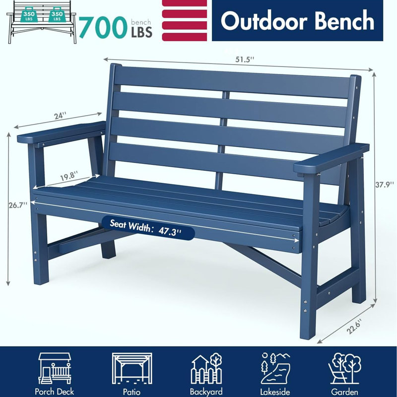 HDPE Outdoor-Dining-Table-Set, Blue, 5 Pieces: Table, 2 Chairs, 2 Benches