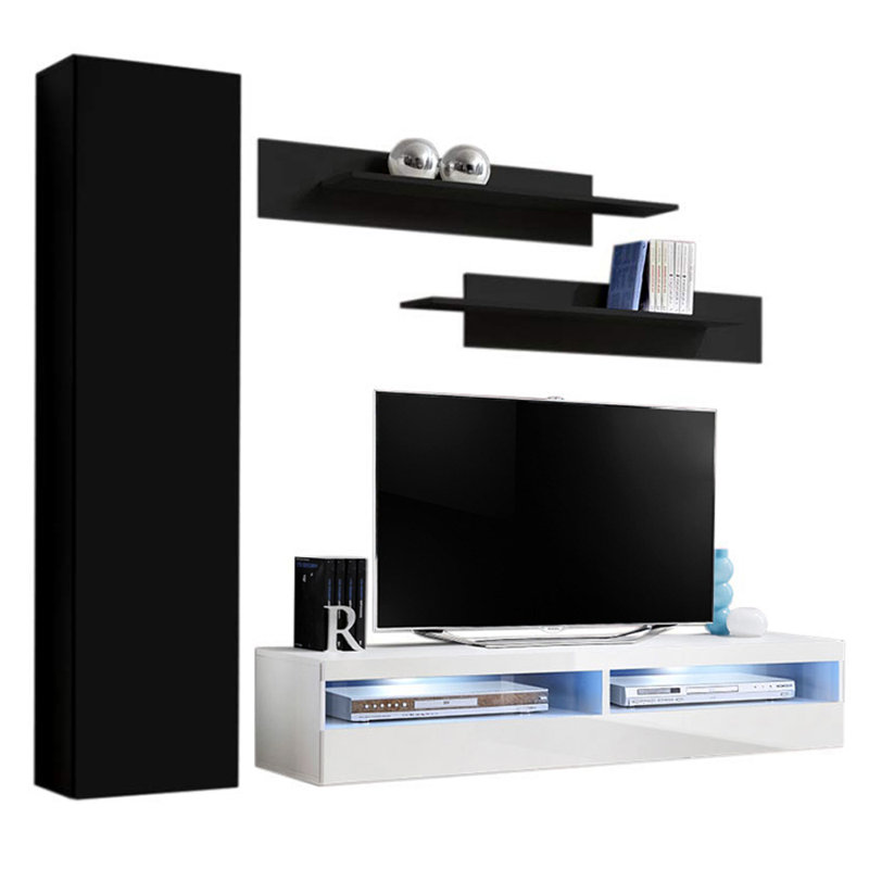 85" Modern Floating Wall Mounted Entertainment Center with 16-Color LED Lighting, High Gloss Finish, Black/White
