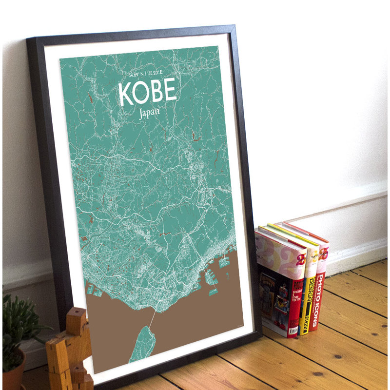 Kobe City Map - Unframed Graphic Art Print on Paper, 43.2cm H x 27.9cm W x 0.1cm D, Blue/White/Gold