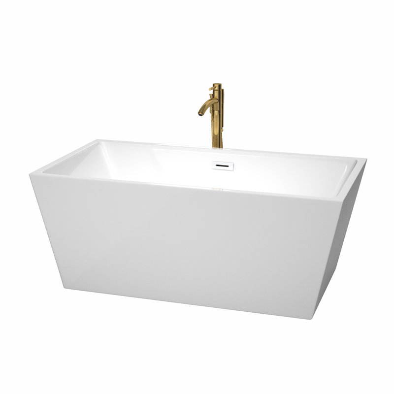 Baignoire de trempage autoportante en acrylique avec robinet 59 po. X 32 po. Sara, Blanc / blanc brillant / or brossé