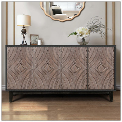Mid Century Sideboard Buffet Cabinet With Solid Wood Legs Kitchen Storage Cabinet Credenza With 4 Convex Pattern Diamond Doors And 2 Shelves Accent Console Table For Living Room Entrance Hall Etc