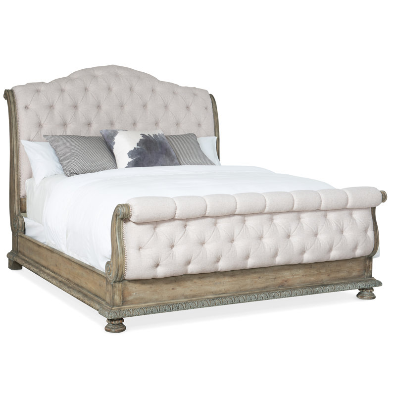 Beige and Brown King Upholstered Sleigh Bed with Tufted Headboard