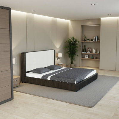 Jeh Bed, White Upholstered, Espresso Brown Ribbed Details