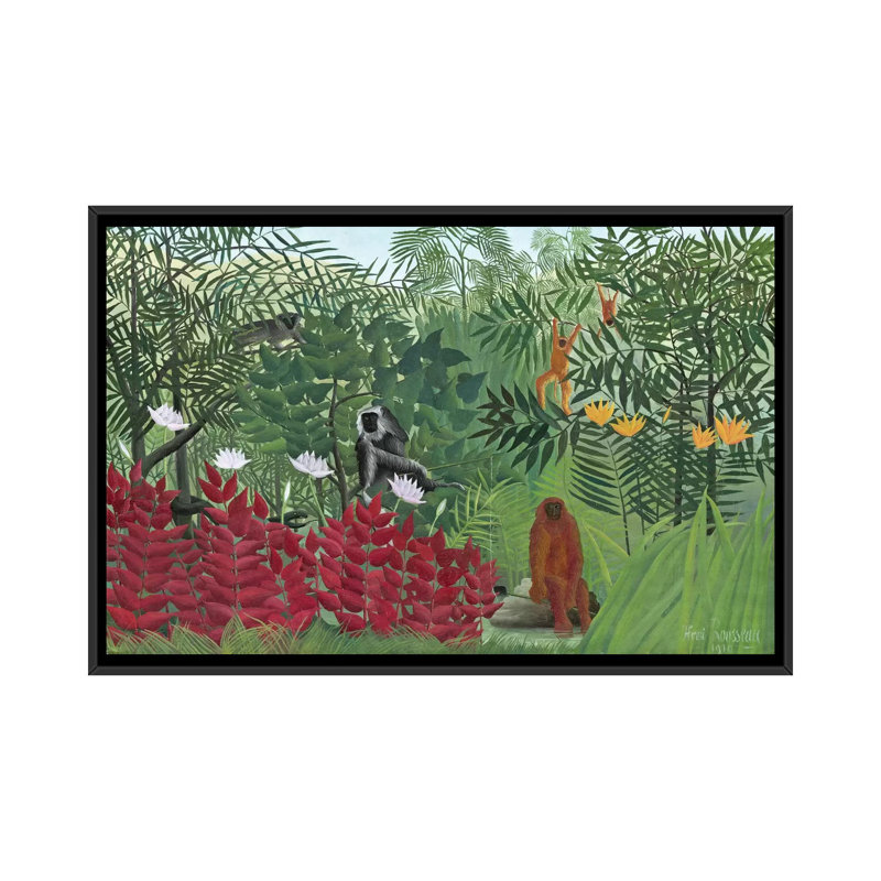 Forêt tropicale avec des singes, 1910 - reproduction d'art sur toile, H 18 po x l 26 po x P 1,5 po, Toile avec cadre noir