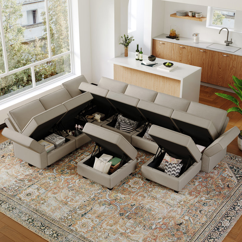 Ridoy 9-Piece Velvet Convertible Modular Sofa Sectional Livingroom Sofa Set, 8 Storage Ottomans with 7 Backrest, Gray Velvet