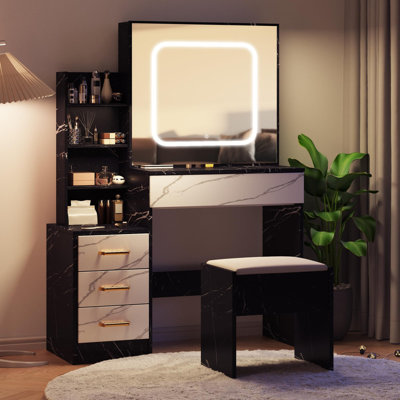 Coiffeuse de maquillage avec miroir coulissant à DEL, prise de courant et ports USB, 4 tiroirs de rangement, tablettes ouvertes et tabouret, coiffeuse de chambre à coucher avec éclairage réglable