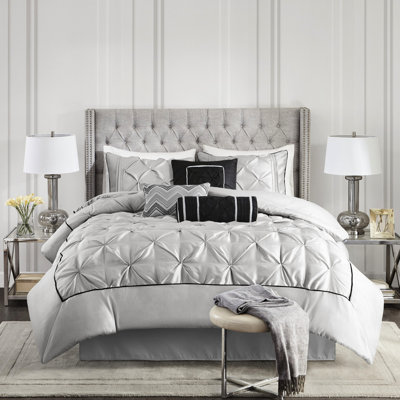 Édredon 7 pièces - très grand gris, rembourrage, conception touffetée élégante avec 1 édredon, 2 taies décoratives, 3 coussins décoratifs, jupe de lit, très beau design lavable, comprend la machine
