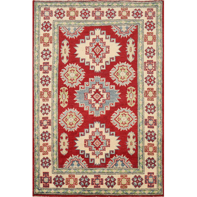 Tapis rouge en laine fait à la main Kazak 3 x 4