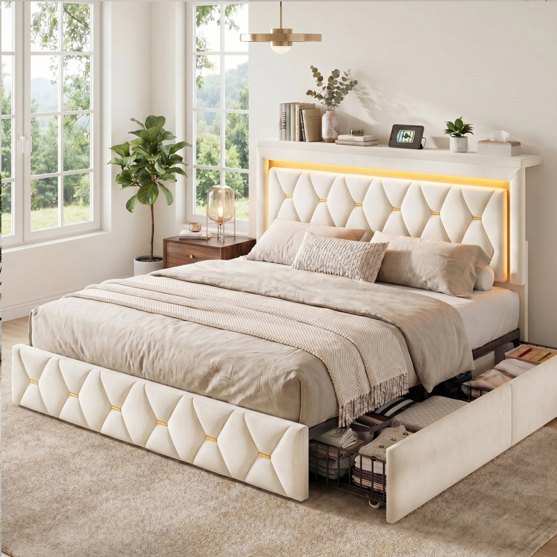 Lit tapissier avec 4 tiroirs de rangement, tête de lit réglable, lumières DEL et station de charge, Beige, Grand lit