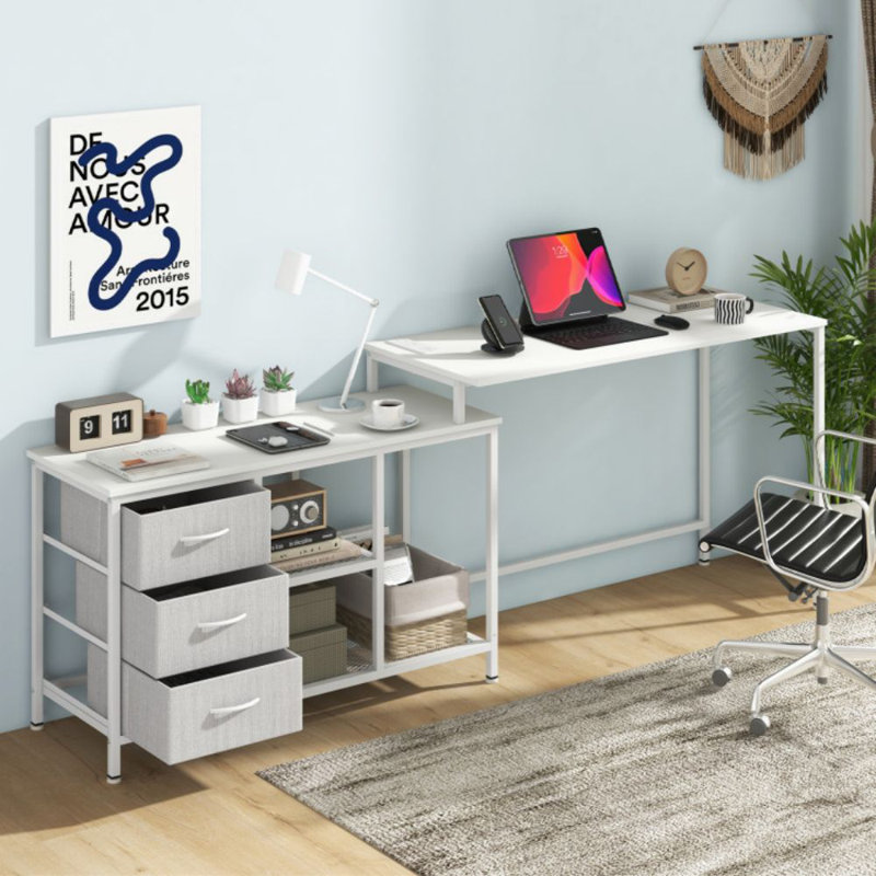 Bureau d'ordinateur en L avec prise de courant pour travailler, Blanc