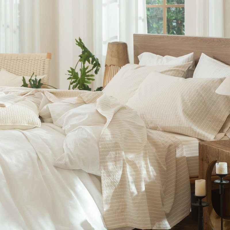 Ensemble de draps 100% coton lavé MooMee, Ensemble de draps pour grand lit avec 2 taies d'or