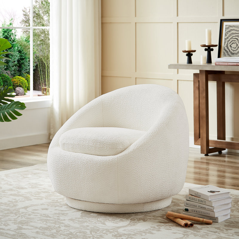 Linsk 34.2'' Wide Boucle Upholstered Swivel Barrel chair, Beige Fabric
