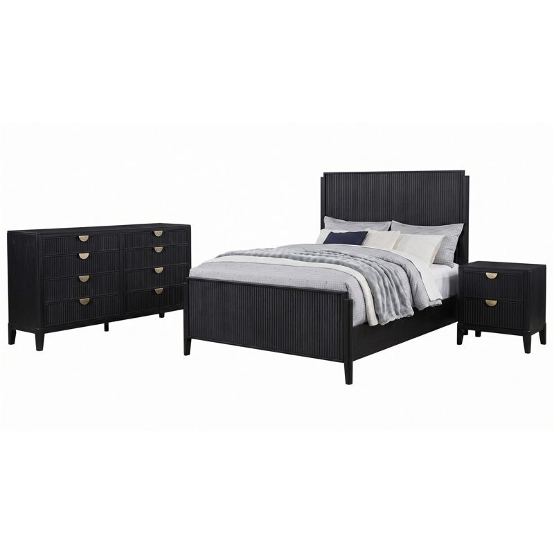 Ensemble de chambre moderne 3 pièces, pour chambre à coucher, Noir, Bed;Nightstand;Dresser, Grand lit