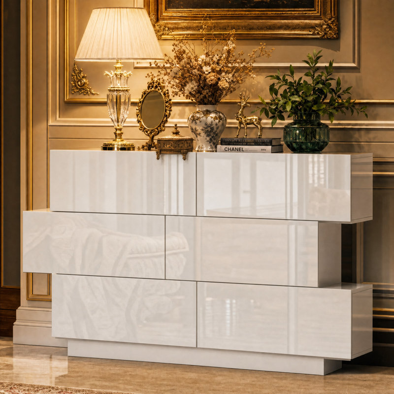 Commode double 6 tiroirs ultrabrillante de forme irrégulière, Blanc
