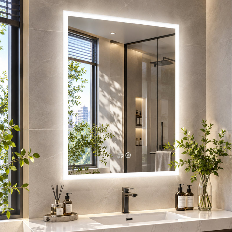 Led Bathroom Mirror With Backlit, 3 Colors Temperature & Dimmable Brightness Light Anti-fog Tempered Glass Bathroom Vanity Mirror