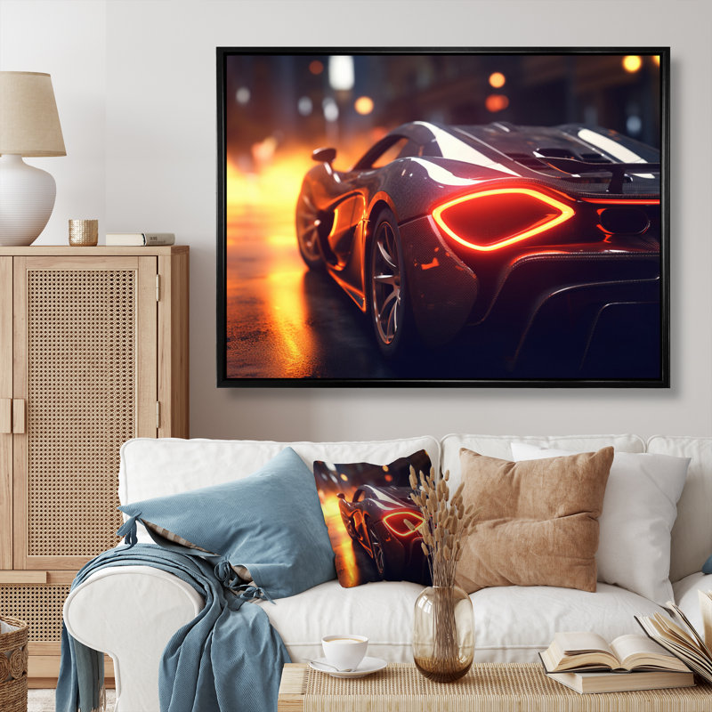 «Exotic Car In The Neon Streets II», reproduction sur toile, Cadre flottant noir, H 16 po x l 32 po x P 1 po