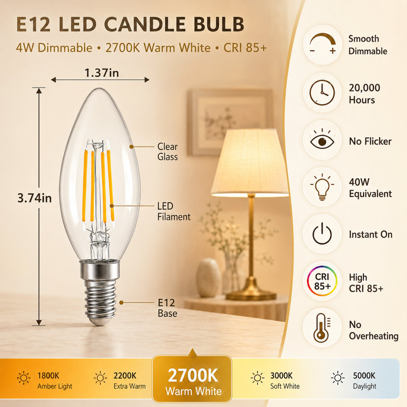 Paquet de 6 ampoules à DEL à culot variable 4W E12 2700K, blanc chaud, 4 ampoules DEL équivalentes à 40W