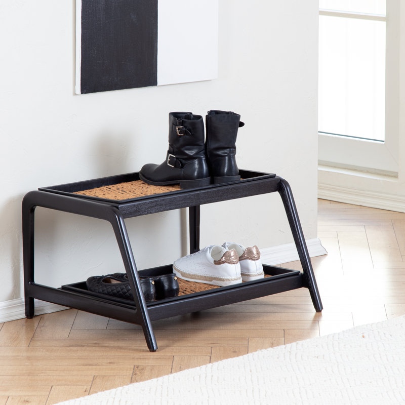 Premium Solid Wood Boot Tray Stand with Natural Coir Mat - Entryway & Mudroom Shoe Organizer, Black, 22" W x 26.5" L, Tier 2