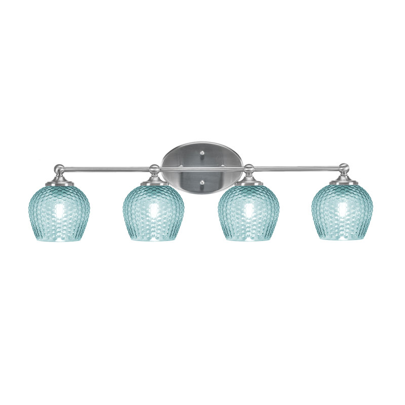 Barre d'éclairage de salle de bain 4 lumières Sheffield en nickel brossé, verre turquoise 6 po, Bleu, Nickel brossé