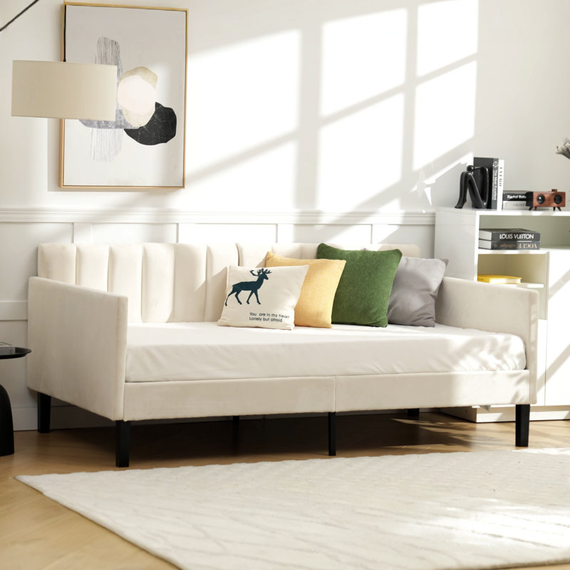 Beige Velvet Upholstered Twin Daybed with Tufted Back and Metal Frame