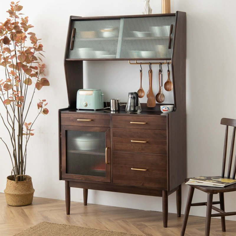 Buffet en noyer massif + bois manufacturé + verre, Brun noisette