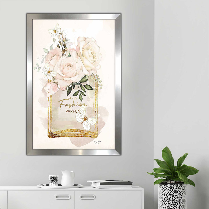 «Parfum Bottle, Flowers & Butterflies (Cream) (Vertical)» par By Jodi - impression, Encadrement argenté