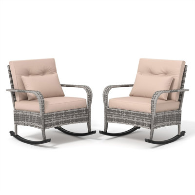 Ensemble de chaises berçantes en osier 2 pièces toutes saisons, chaises berçantes d'extérieur à haut dossier avec coussins épais pour le jardin ou le balcon