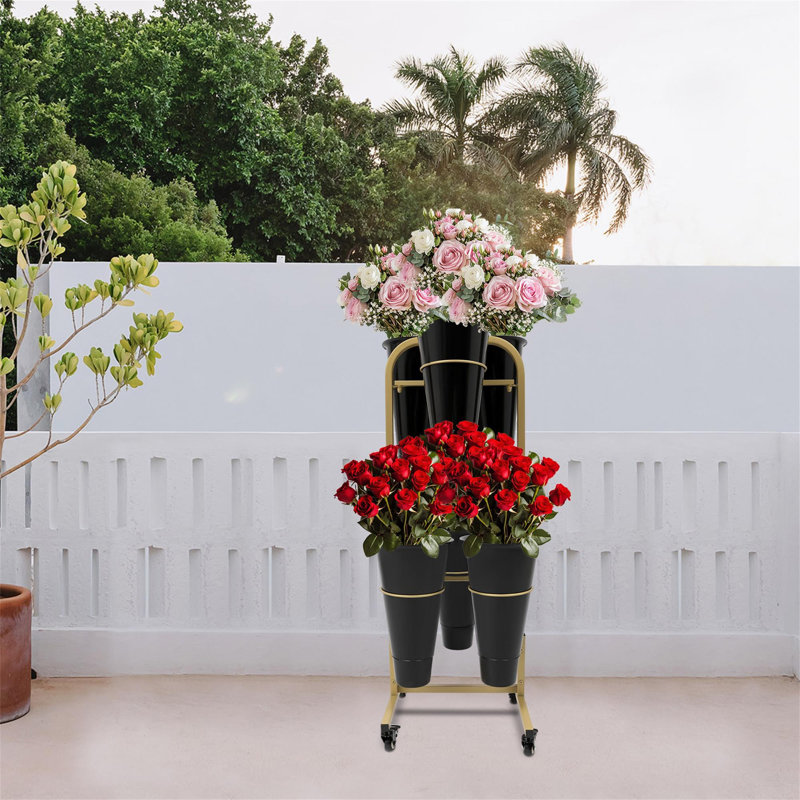 Support pour plante Stancuta avec roues et 6 seaux, Noir
