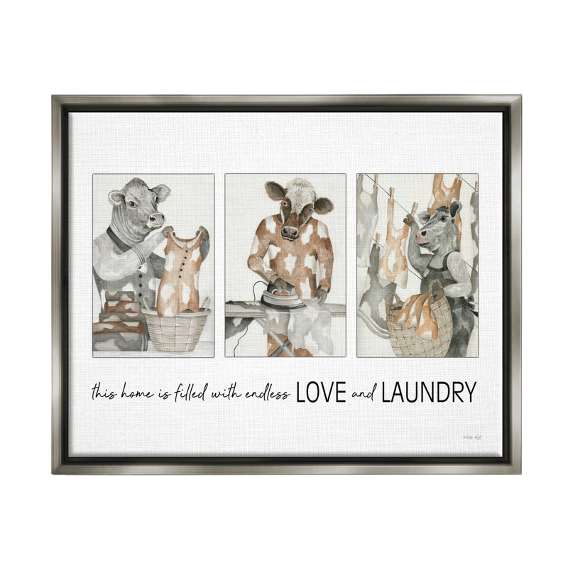 «Avamay Love & Laundry Cows», impression encadrée sur toile par Cindy Jacobs, H 17 po x l 21 po x P 1,7 po, gris