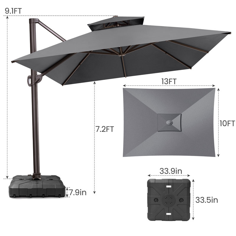 13' X 10' Rectangular Cantilever Umbrella, Weighted Base Included, Gris foncé