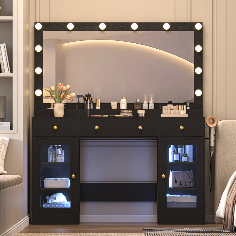 Bureau de coiffeuse avec prise de courant, miroir éclairé, coiffeuse à maquillage noir avec grand tiroir de rangement, armoire et panneau pliable